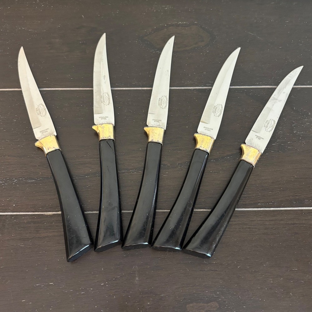 Vintage Armack Sheffield England Steak Knife Set 5pc Black Gold Stainless Steel